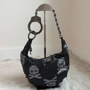 Rare cuffz by linz black sequin skull and crossbones handcuff shoulder bag